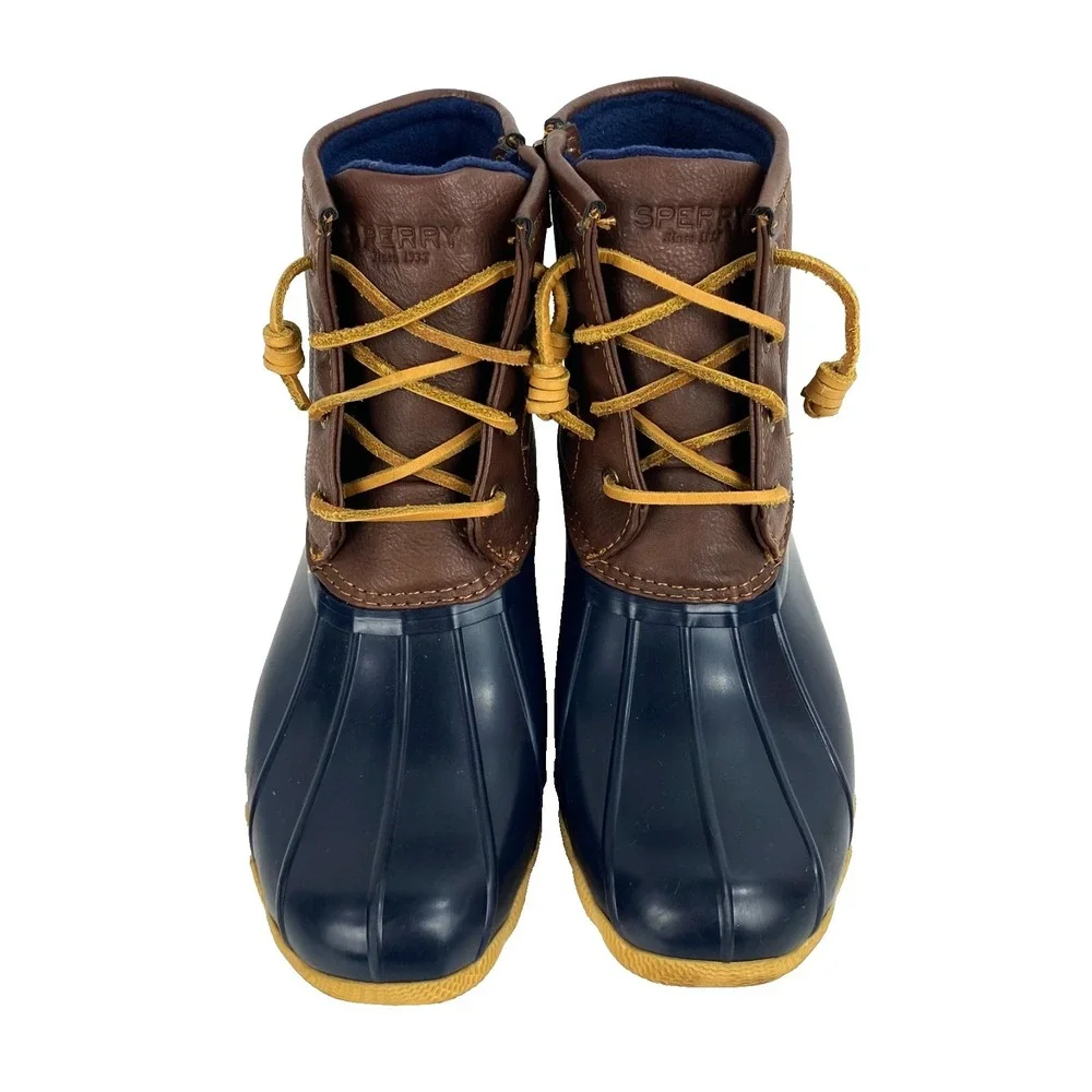 Sperry Saltwater Boots Girls 4M Duck Boots Waterproof LKNU Blue Brown Rain Shoes